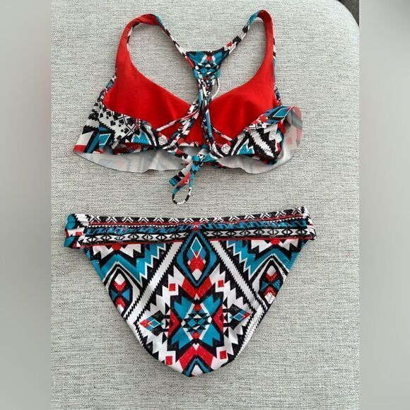 Becca by Rebecca Virtue Women's Aztec Flounce Strappy Cross Back Top Multi - Picture 13 of 16